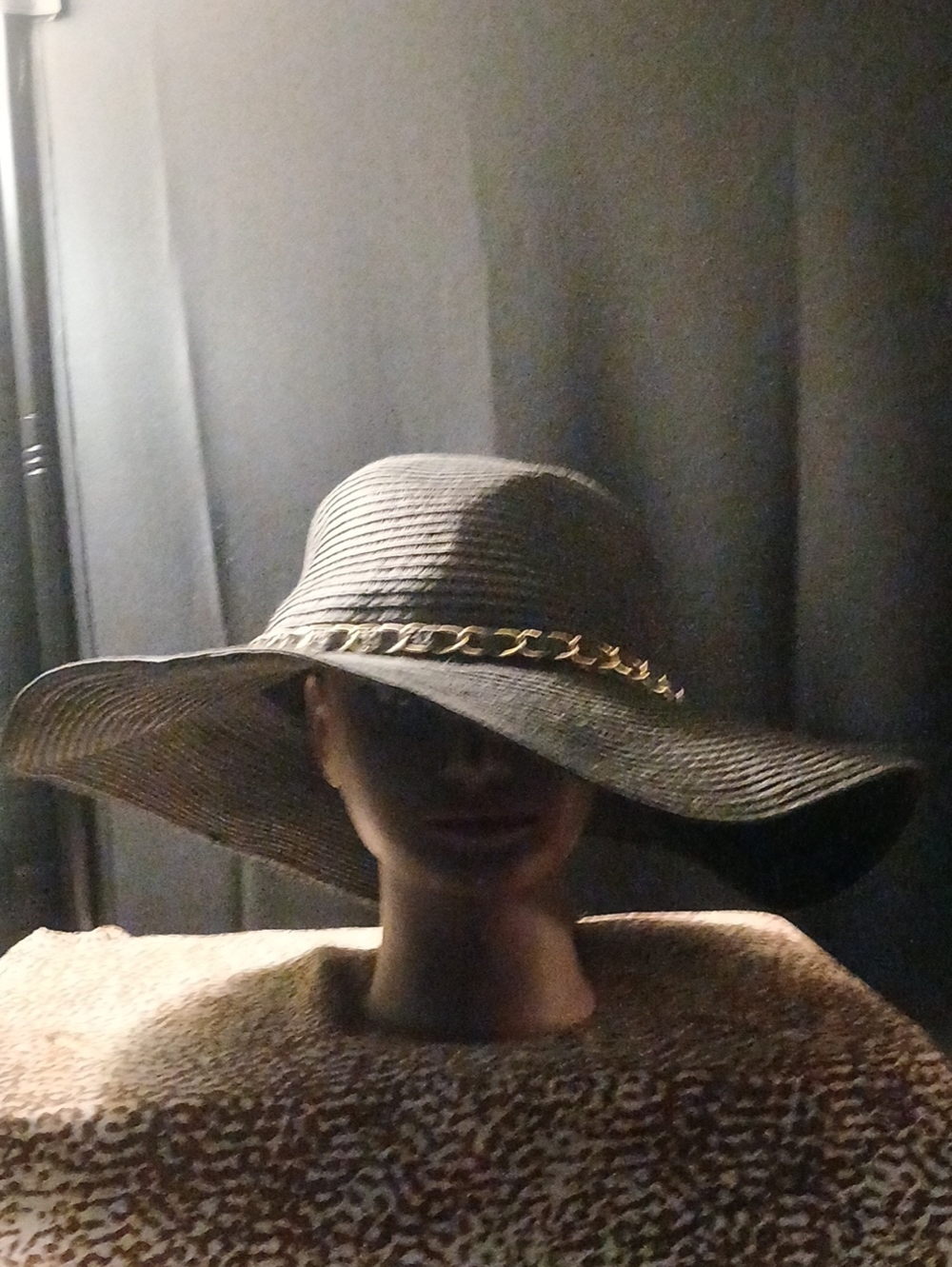 Wide-Brim Black Sun Hat with Gold Chain Trim - Women Accessories